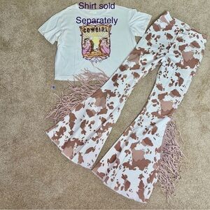 Altar’d State Cow print flare bell bottom jeans fringe womens small cowgirl pant